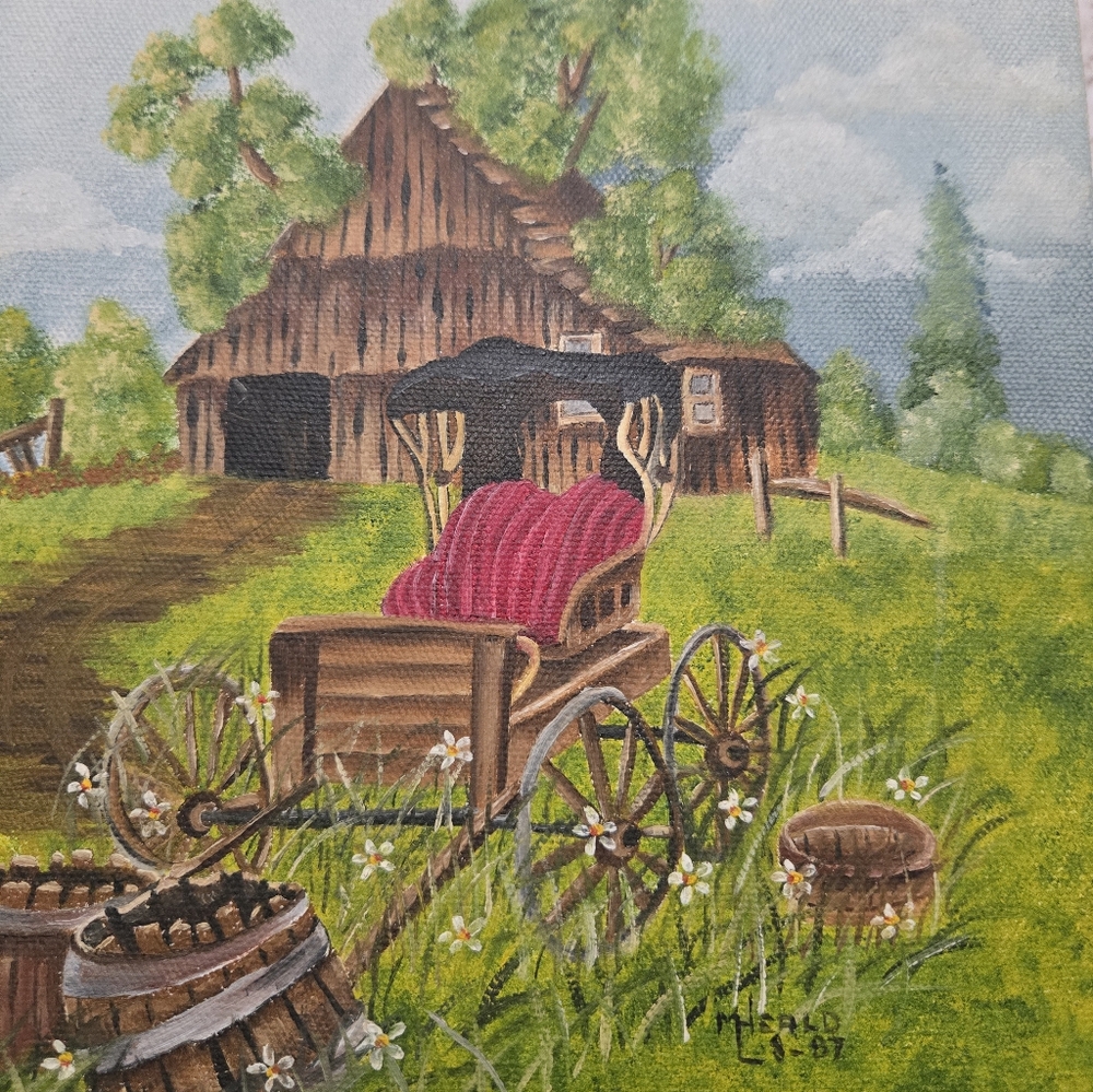 Rustic Farmhouse Painting with Wagon, Folk Art.